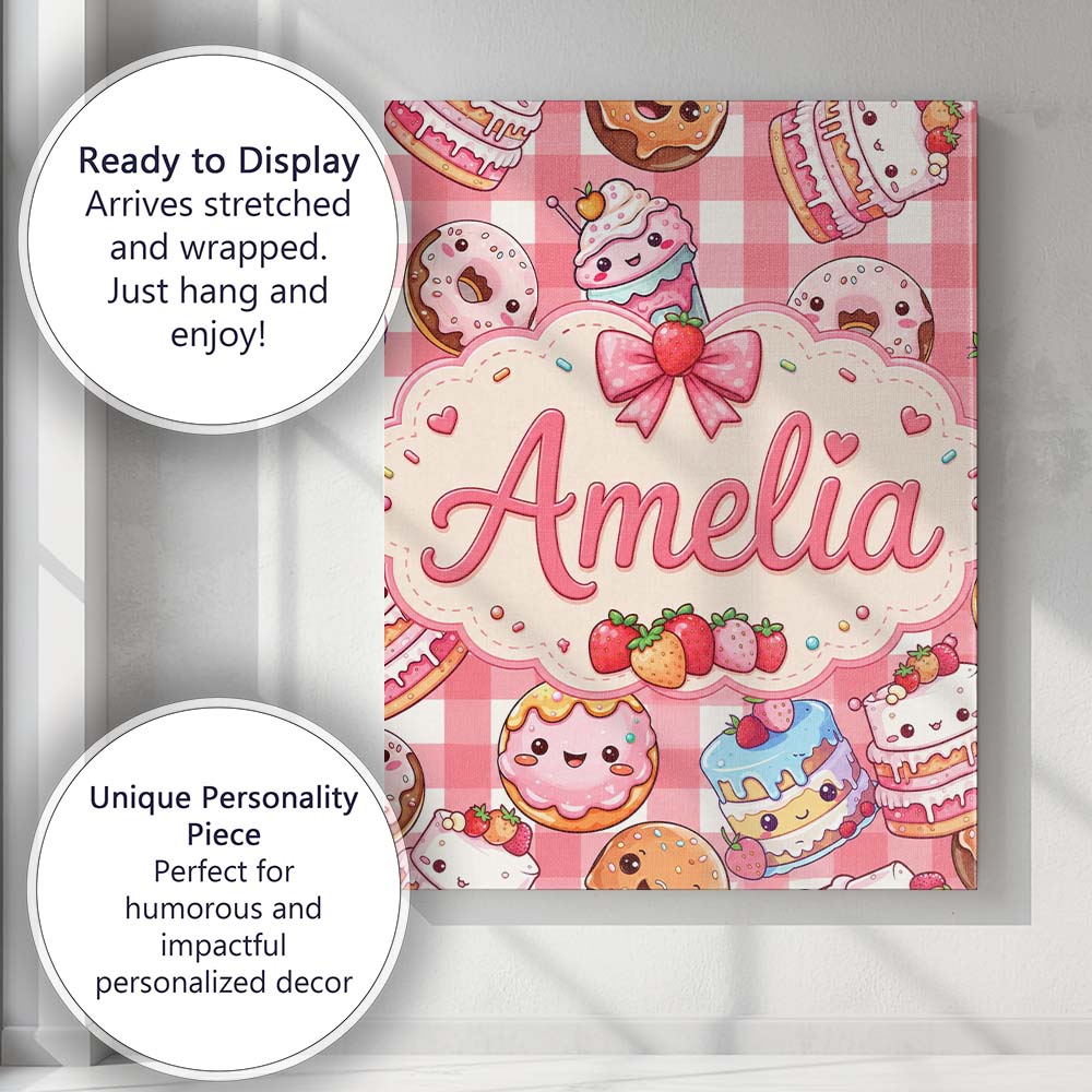 Personalised Name Cute Kawaii Donut Cake Custom Unique Gift Idea Elegant Feature Canvas Wall Art Print Decor Picture Ready to Hang