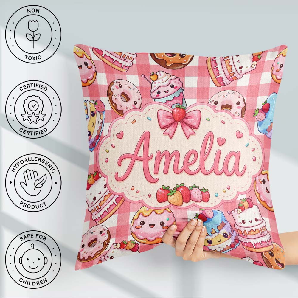 Custom Name Donut Cake Dessert Red Gingham Seamless Pattern Name Square Filled Cushion Throw Pillow Sofa Bed Home Decor Zip Washable UK Made