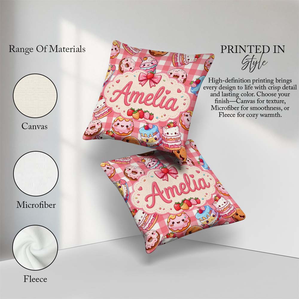 Custom Name Donut Cake Dessert Red Gingham Seamless Pattern Name Square Filled Cushion Throw Pillow Sofa Bed Home Decor Zip Washable UK Made