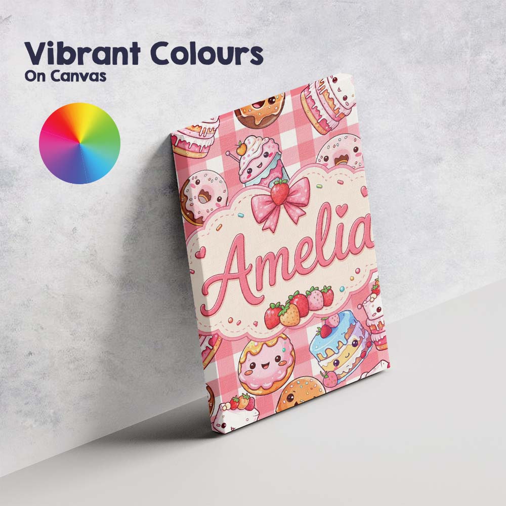 Personalised Name Cute Kawaii Donut Cake Custom Unique Gift Idea Elegant Feature Canvas Wall Art Print Decor Picture Ready to Hang