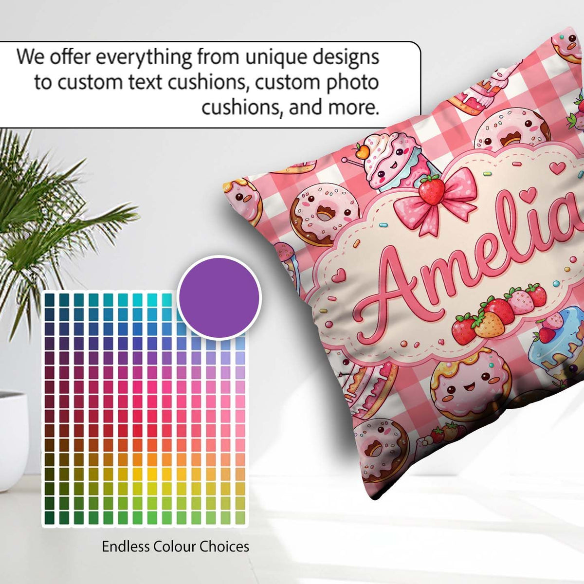 Custom Name Donut Cake Dessert Red Gingham Seamless Pattern Name Square Filled Cushion Throw Pillow Sofa Bed Home Decor Zip Washable UK Made
