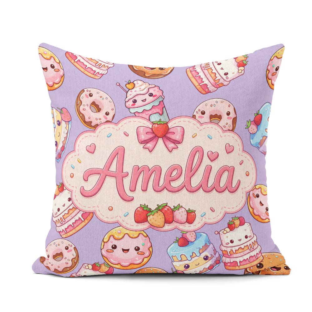 Custom Name Kawaii Donut Cake Dessert Lavender Seamless Pattern Square Filled Cushion Throw Pillow Sofa Bed Home Decor Zip Washable UK Made