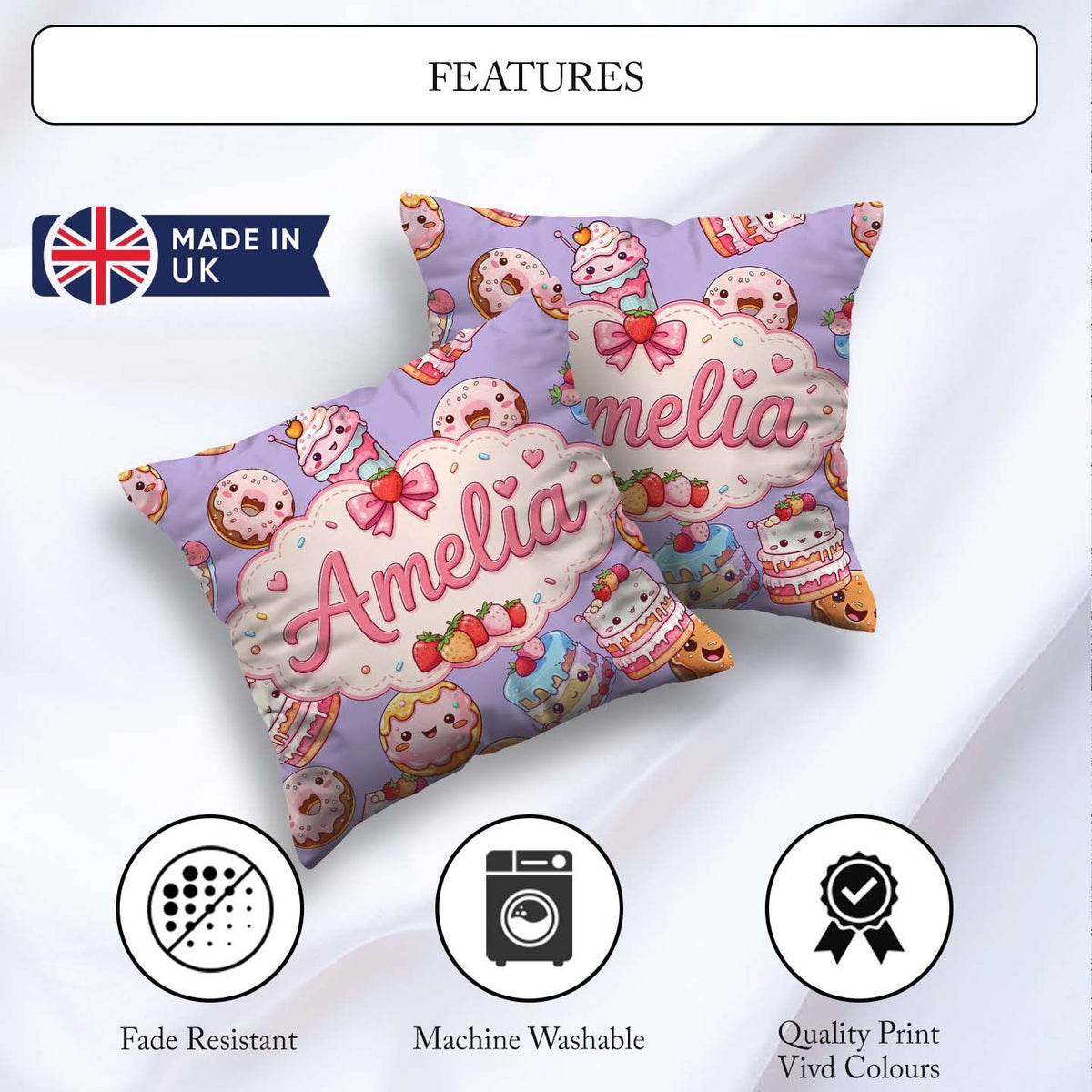Custom Name Kawaii Donut Cake Dessert Lavender Seamless Pattern Square Filled Cushion Throw Pillow Sofa Bed Home Decor Zip Washable UK Made