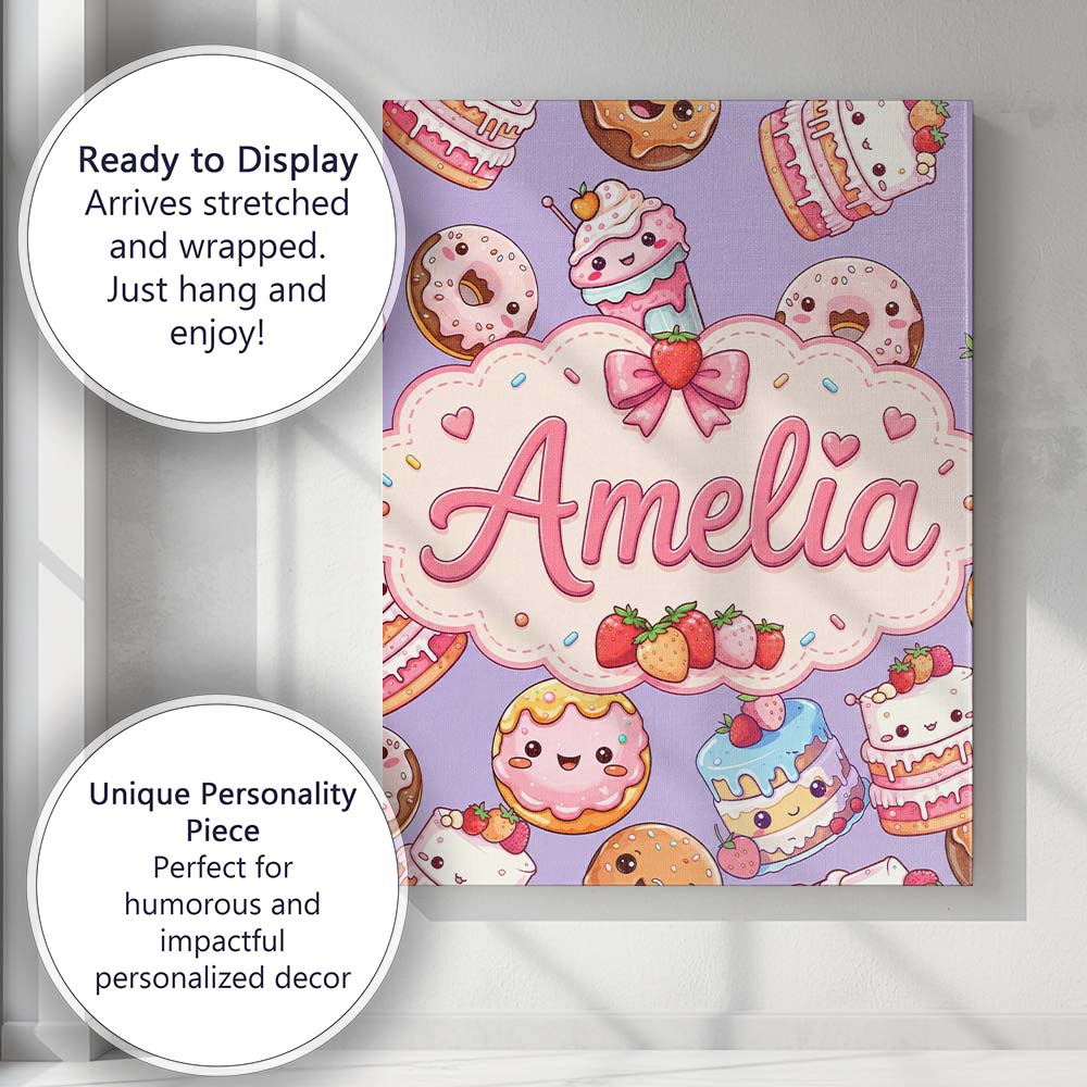 Personalised Name Cute Kawaii Donut Cake Custom Unique Gift Idea Elegant Feature Canvas Wall Art Print Decor Picture Ready to Hang
