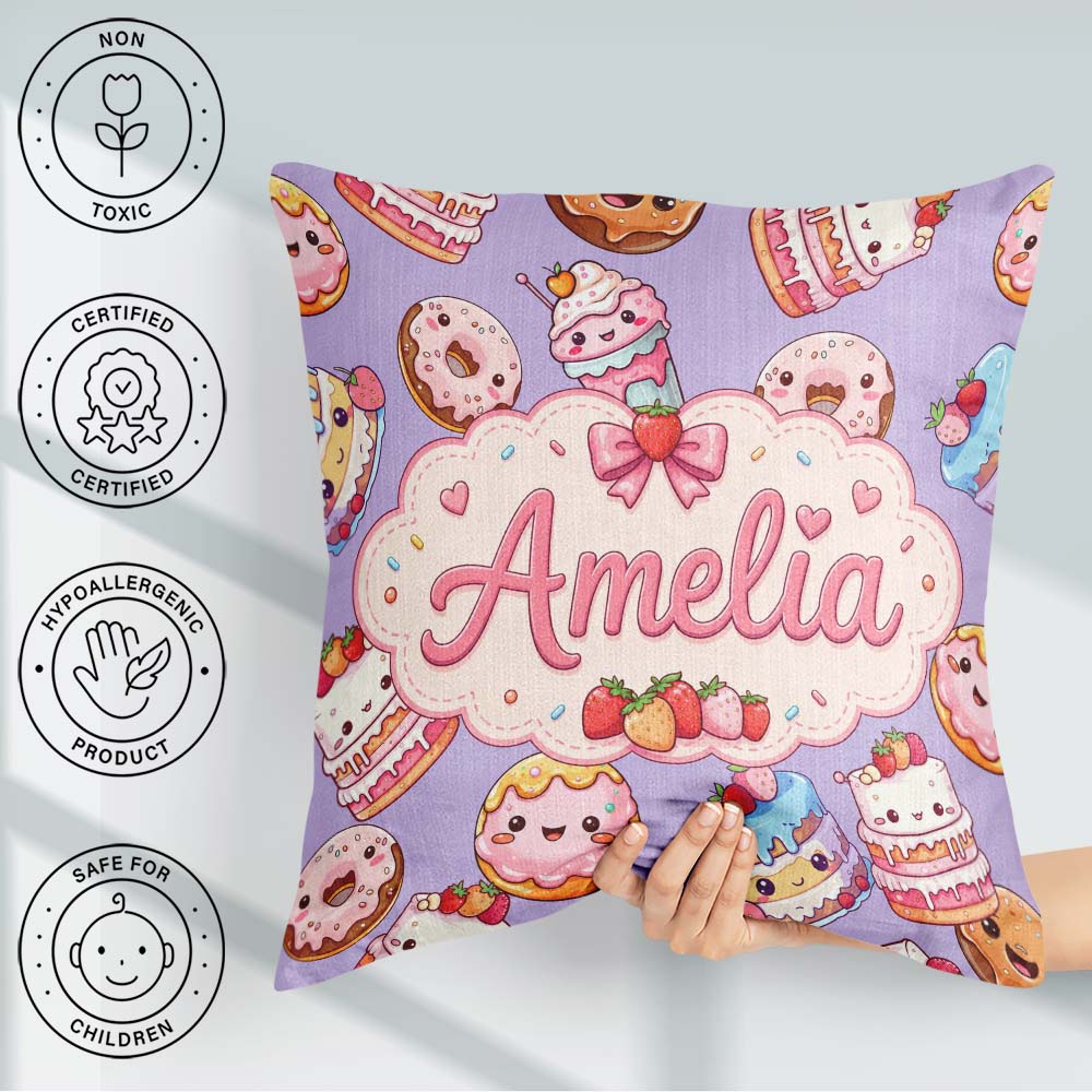 Custom Name Kawaii Donut Cake Dessert Lavender Seamless Pattern Square Filled Cushion Throw Pillow Sofa Bed Home Decor Zip Washable UK Made