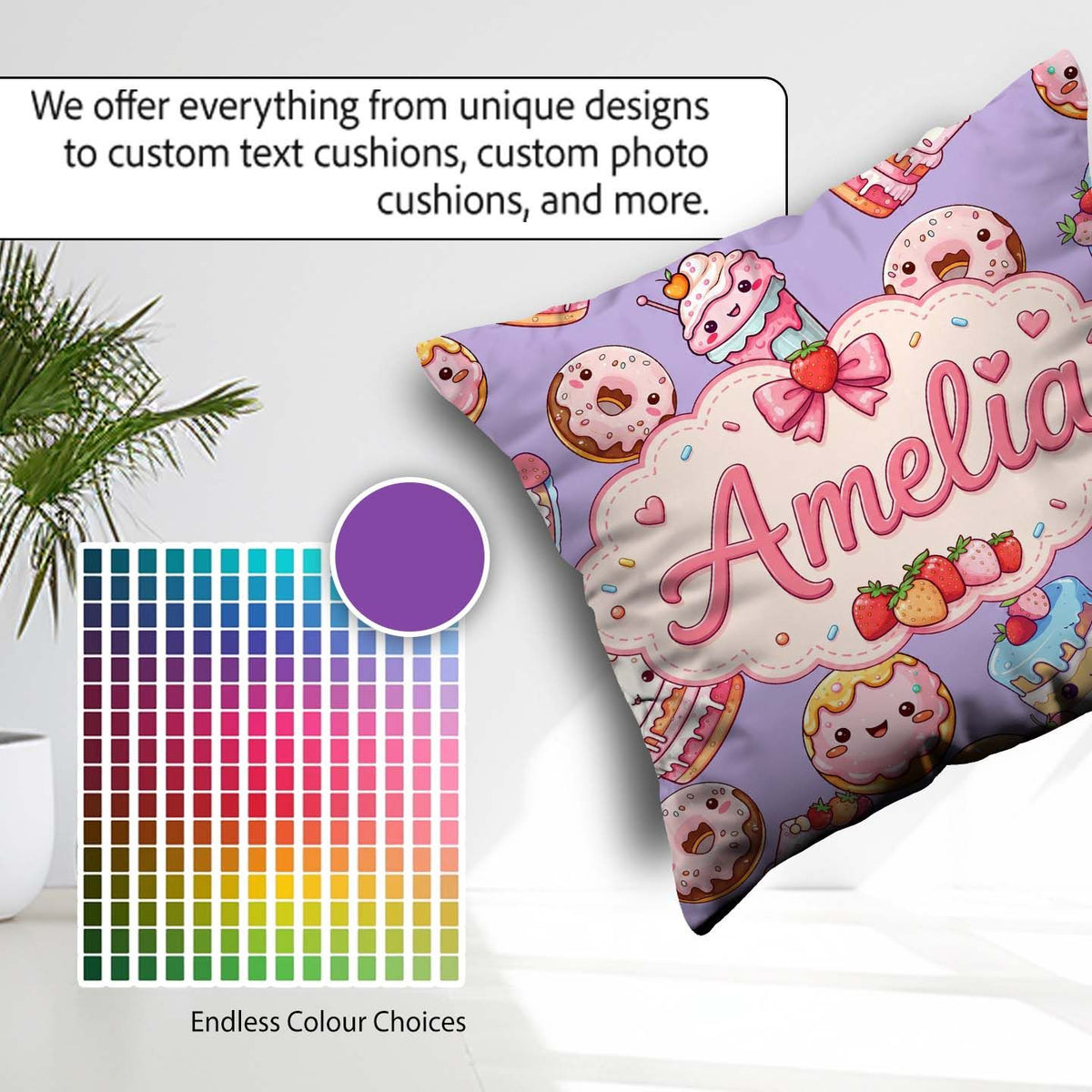 Custom Name Kawaii Donut Cake Dessert Lavender Seamless Pattern Square Filled Cushion Throw Pillow Sofa Bed Home Decor Zip Washable UK Made
