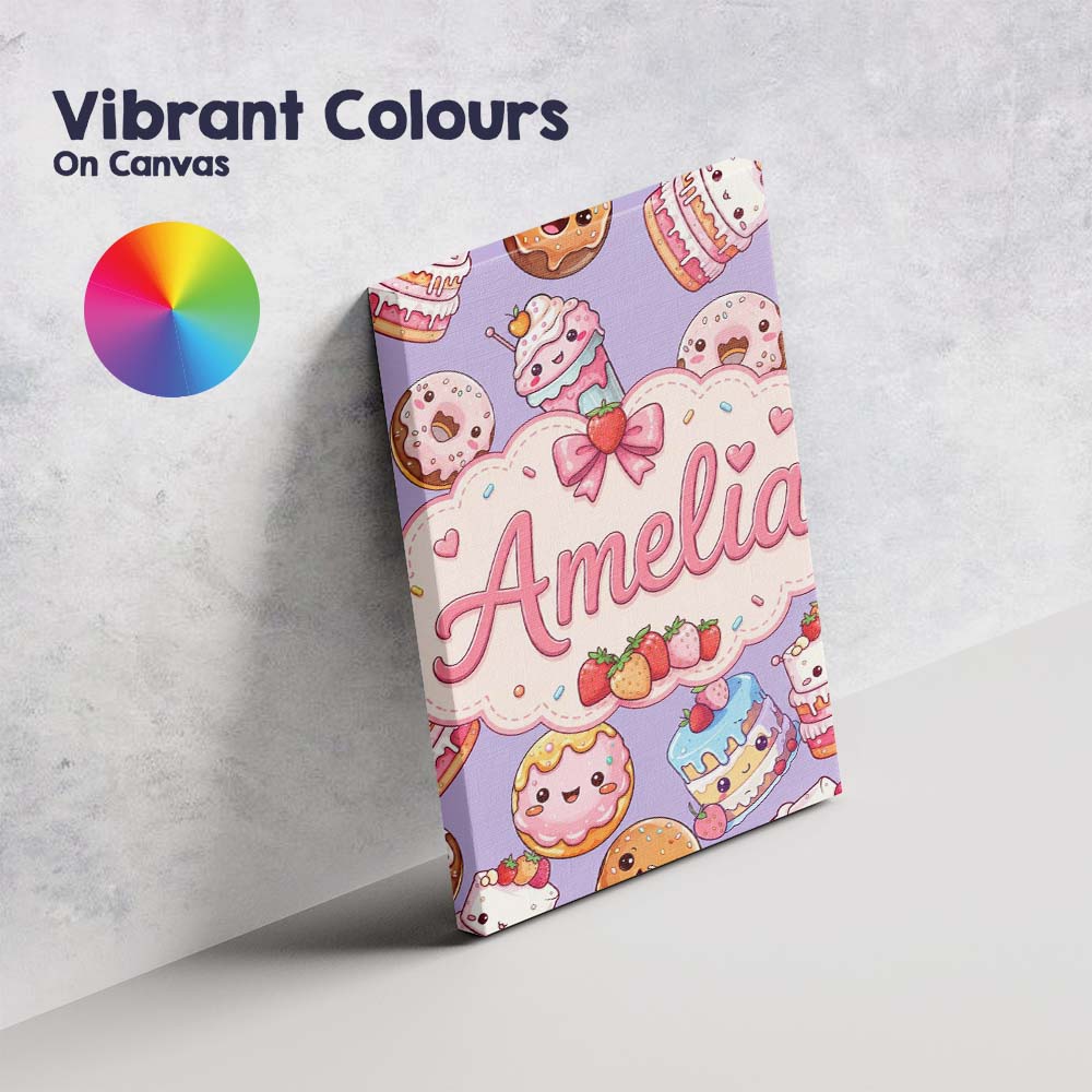 Personalised Name Cute Kawaii Donut Cake Custom Unique Gift Idea Elegant Feature Canvas Wall Art Print Decor Picture Ready to Hang