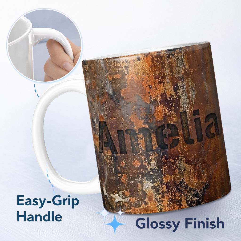 Personalized Custom Name Vintage Rusted Surface Texture Seamless Pattern Weathered Metal 11oz Ceramic Coffee Tea Mug White Large Handle