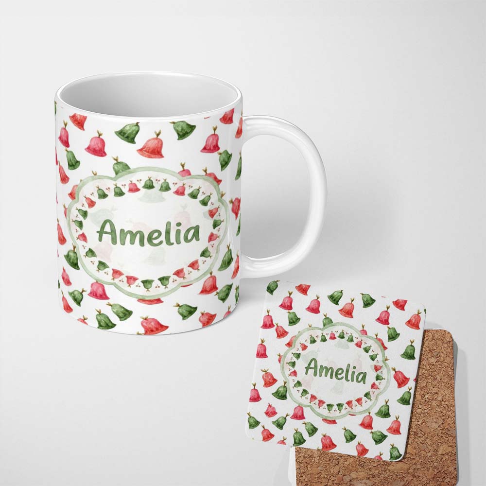 Personalized Custom Name Cute Red and Green Christmas Bells Watercolor Pattern Festive Lovely 11oz Ceramic Coffee Tea Mug White Large Handle