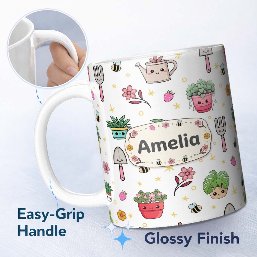 Personalized Custom Name Cute Kawaii Garden Tools Plants Bees Seamless Pattern White Floral 11oz Ceramic Coffee Tea Mug White Large Handle
