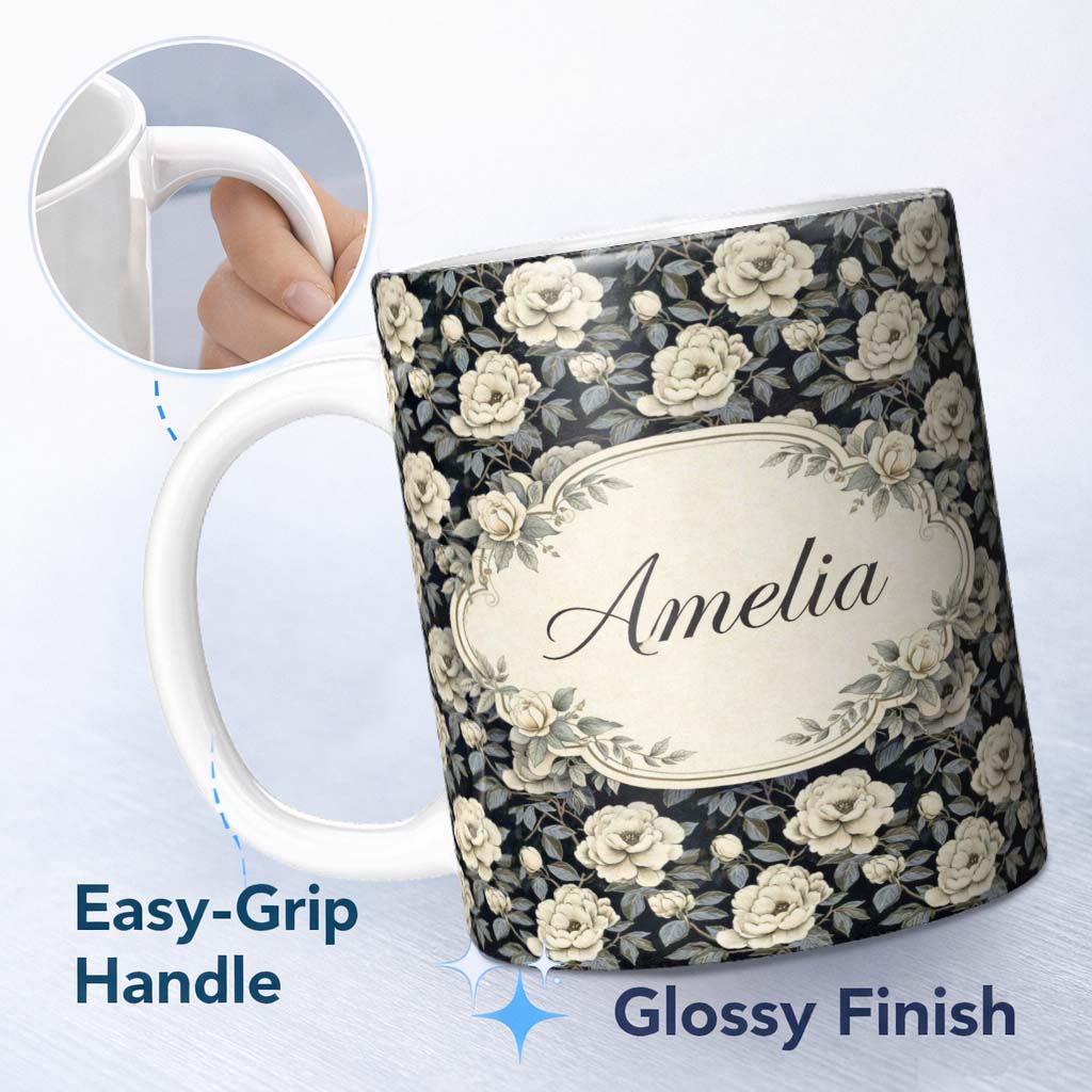 Personalized Custom Name Vintage Cream Rose Botanical Dark Background Seamless Pattern Lovely 11oz Ceramic Coffee Tea Mug White Large Handle