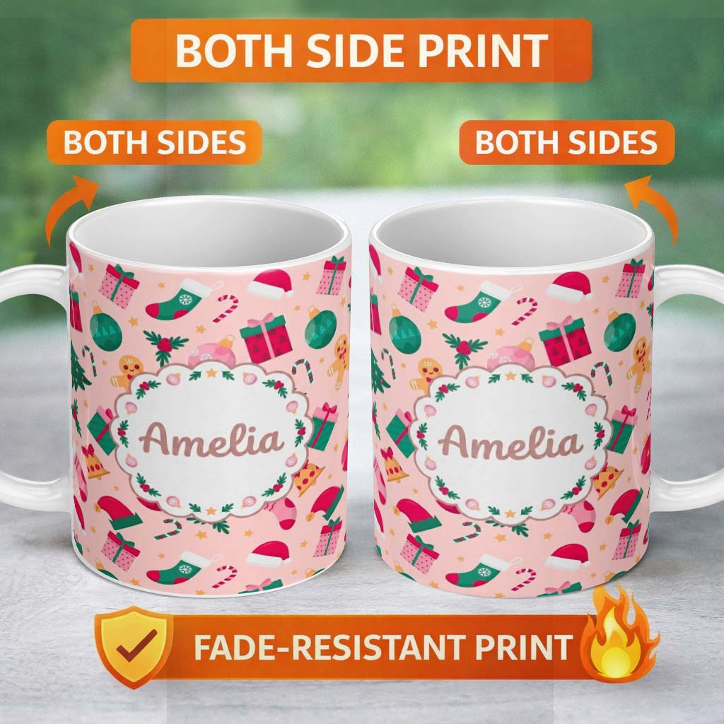 Personalized Custom Name Cute Gingerbread Candy Cane Baubles Christmas Seamless Pattern 11oz Ceramic Coffee Tea Mug White Large Handle