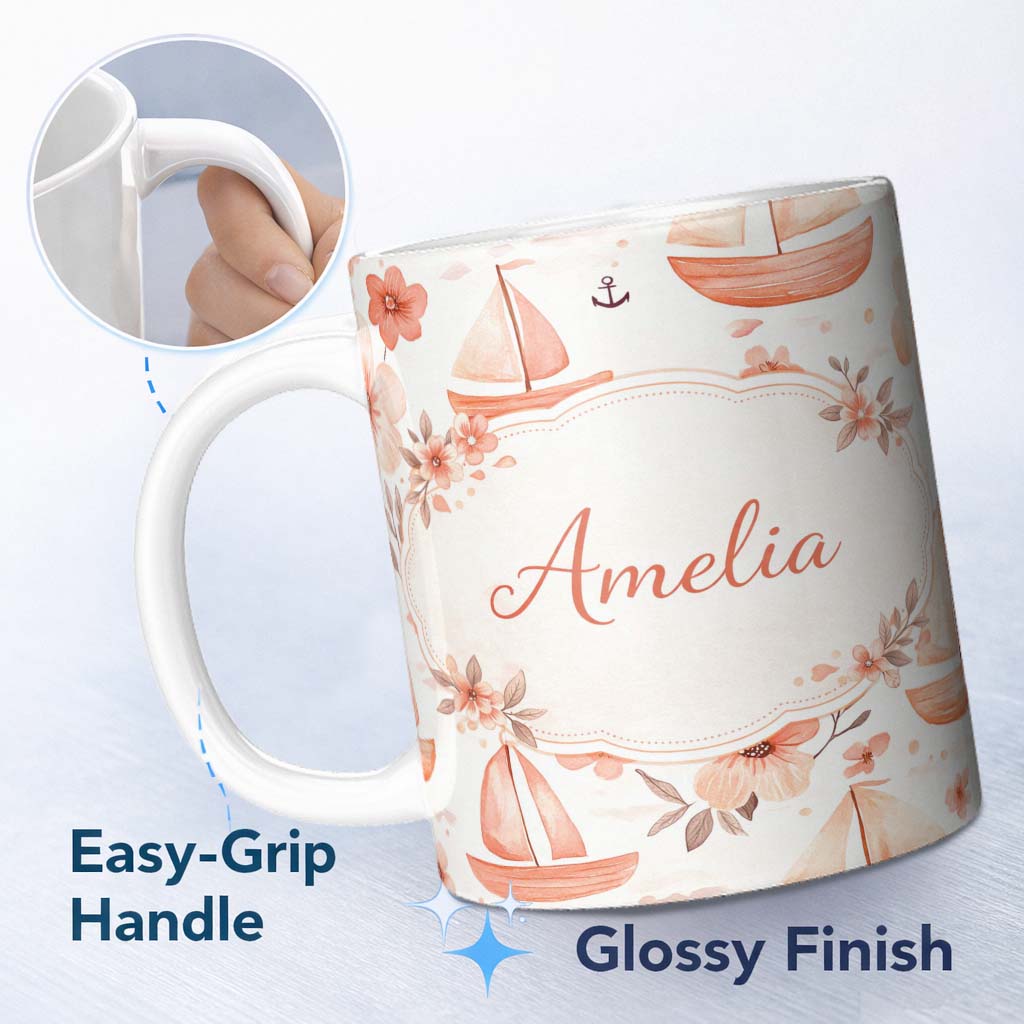 Personalized Custom Name Nautical Sailboat Floral Coastal Pattern Seamless Watercolour Design 11oz Ceramic Coffee Tea Mug White Large Handle