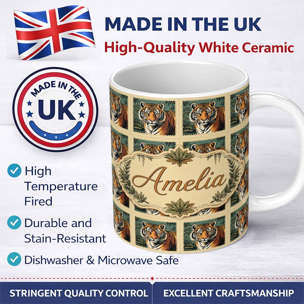 Personalized Custom Name Vintage Tiger Portrait Stamp Style Seamless Pattern Cute Unique Gift 11oz Ceramic Coffee Tea Mug White Large Handle