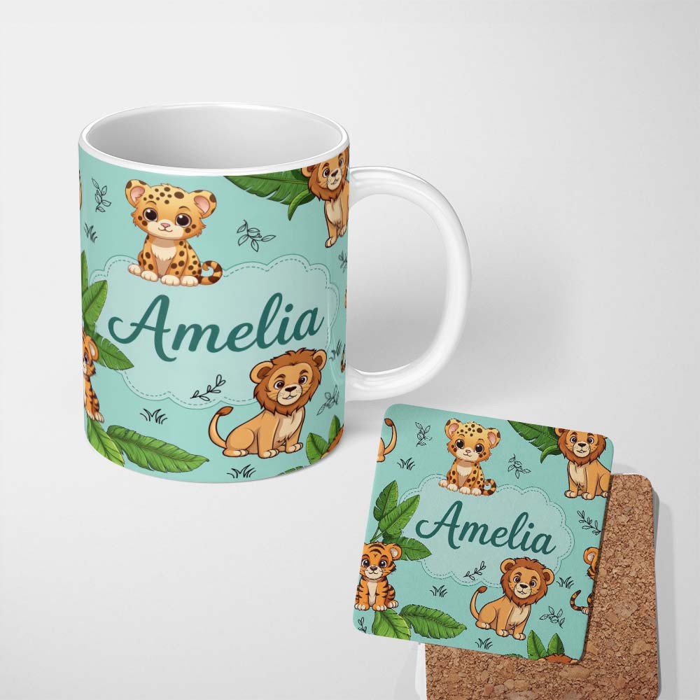 Personalized Custom Name Cute Jungle Animals Lion Tiger Leopard Teal Background Tropical 11oz Ceramic Coffee Tea Mug White Large Handle