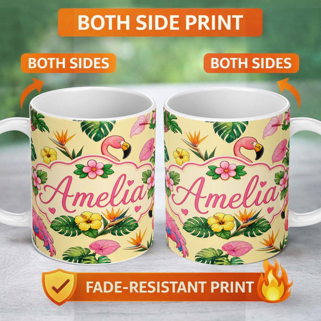 Personalized Custom Name Tropical Flamingo with Hibiscus Flowers and Leaves Warm Yellow 11oz Ceramic Coffee Tea Mug White Large Handle