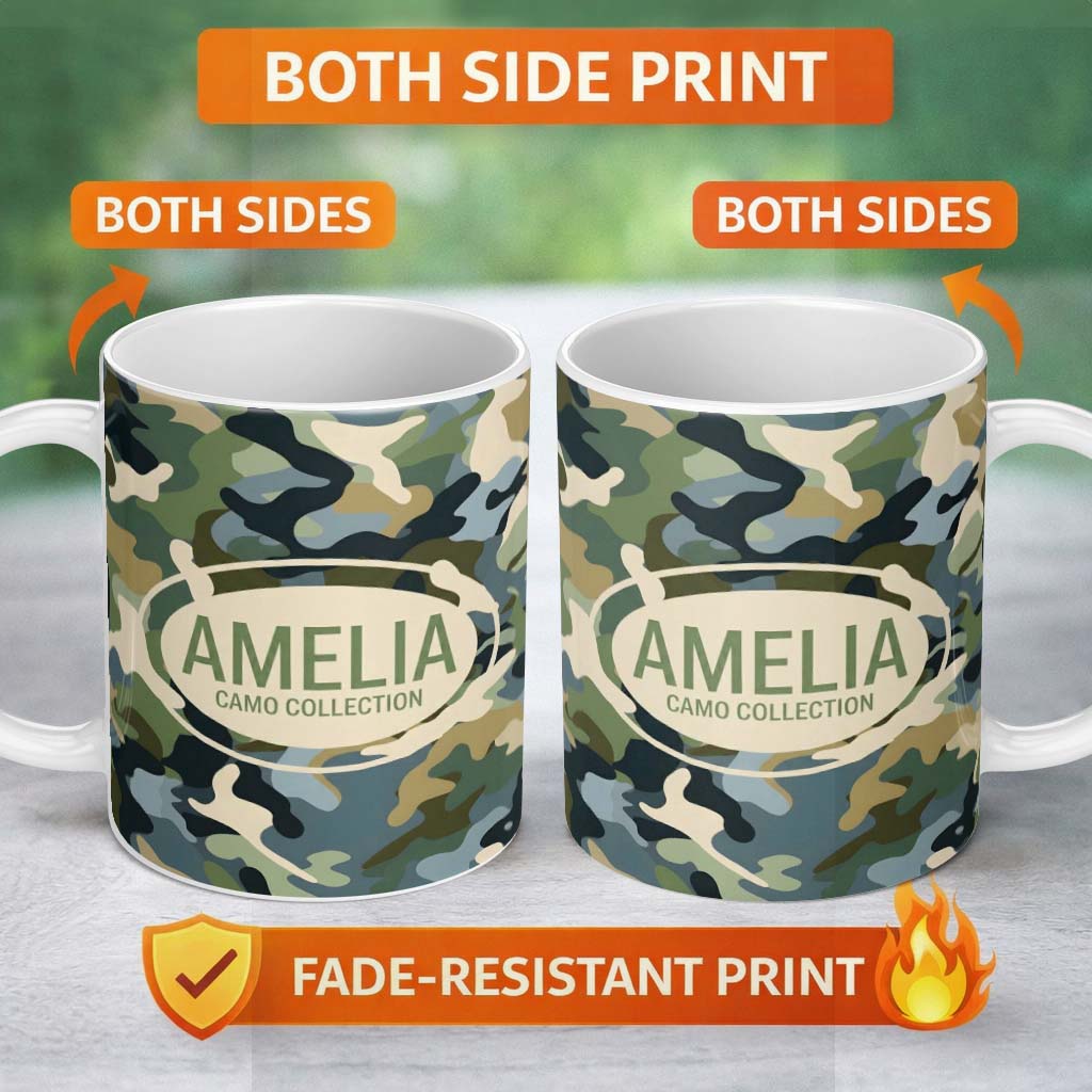 Personalized Custom Name Multi Tone Woodland Camouflage Seamless Pattern Perfect Gift for Her 11oz Ceramic Coffee Tea Mug White Large Handle