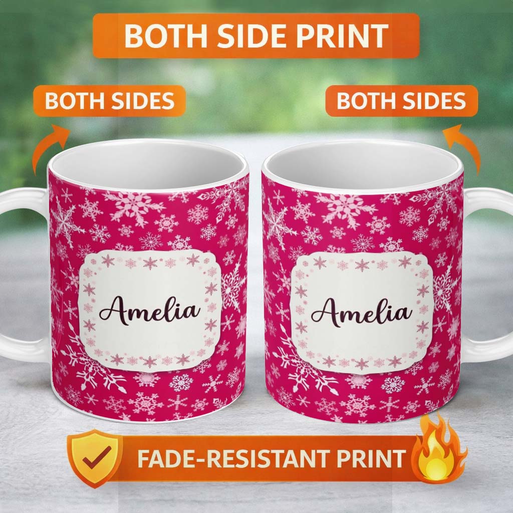 Personalized Custom Name Classic Red White Snowflake Christmas Seamless Pattern Lovely 11oz Ceramic Coffee Tea Mug White Large Handle