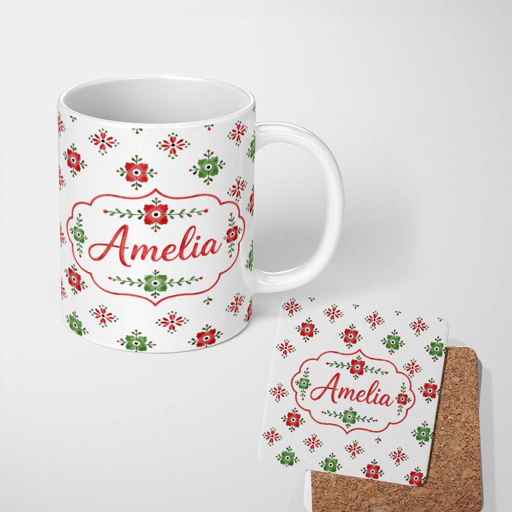 Personalized Custom Name Watercolor Scandinavian Folk Floral Red Green Seamless Pattern 11oz Ceramic Coffee Tea Mug White Large Handle