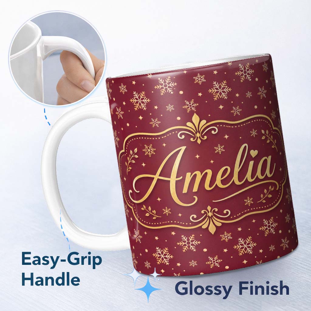 Personalized Custom Name Red Gold Snowflake Star Seamless Pattern Design Classic Christmas 11oz Ceramic Coffee Tea Mug White Large Handle