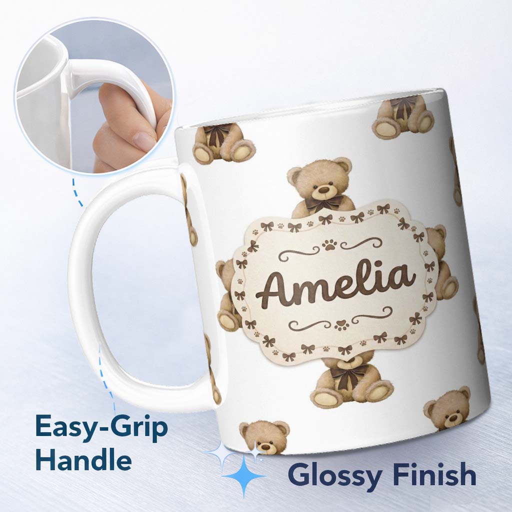 Personalized Custom Name Cute Teddy Bear Plush Toy Seamless Pattern on Soft Grey Background 11oz Ceramic Coffee Tea Mug White Large Handle