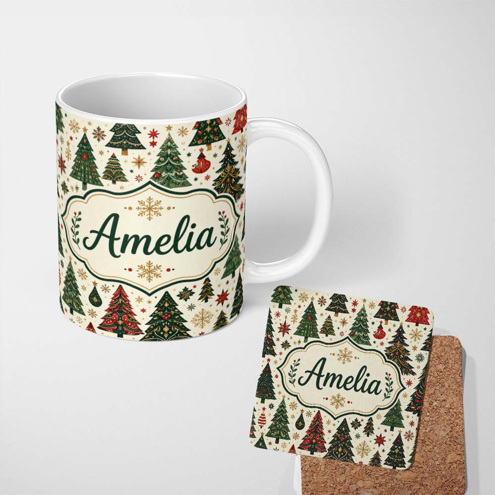 Personalized Custom Name Decorative Christmas Tree Motifs with Snowflakes and Starbursts 11oz Ceramic Coffee Tea Mug White Large Handle
