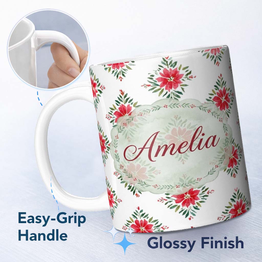 Personalized Custom Name Watercolor Poinsettia Floral Christmas Seamless Pattern with Lovely 11oz Ceramic Coffee Tea Mug White Large Handle