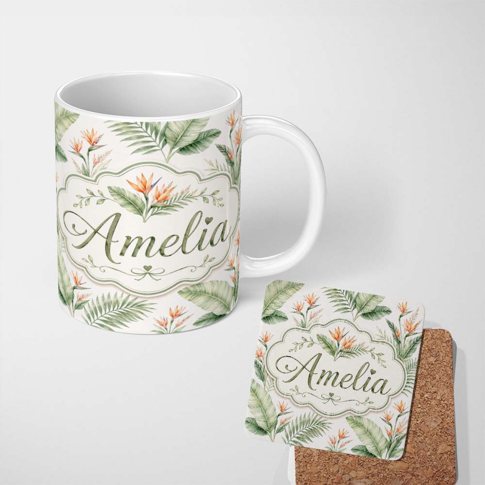 Personalized Custom Name Watercolor Tropical Banana Leaves and Bird of Paradise Floral Lovely 11oz Ceramic Coffee Tea Mug White Large Handle