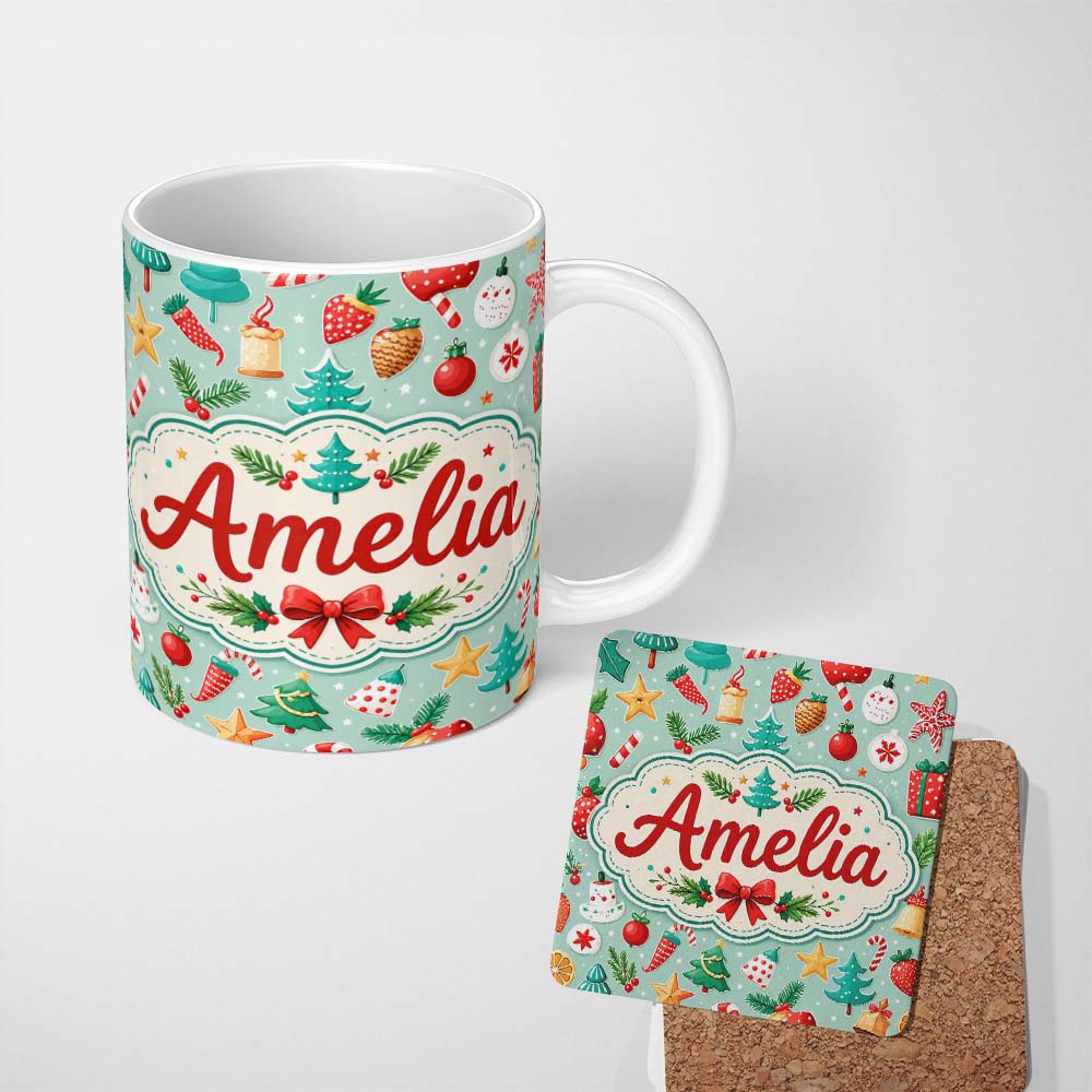Personalized Custom Name Festive Christmas Trees Ornaments Strawberries Candy Cane Holiday 11oz Ceramic Coffee Tea Mug White Large Handle