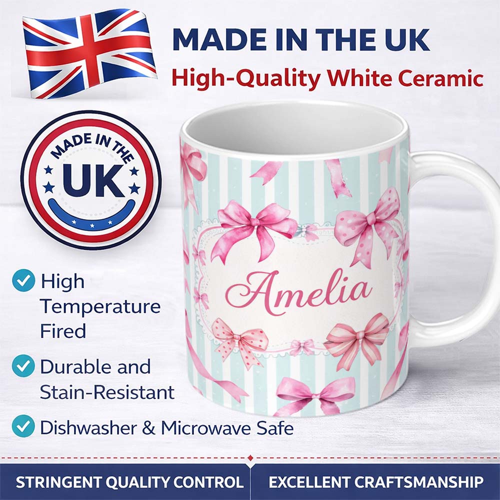 Personalized Custom Name Watercolor Pink Ribbon Bow Seamless Pattern with Soft Blue Stripes 11oz Ceramic Coffee Tea Mug White Large Handle