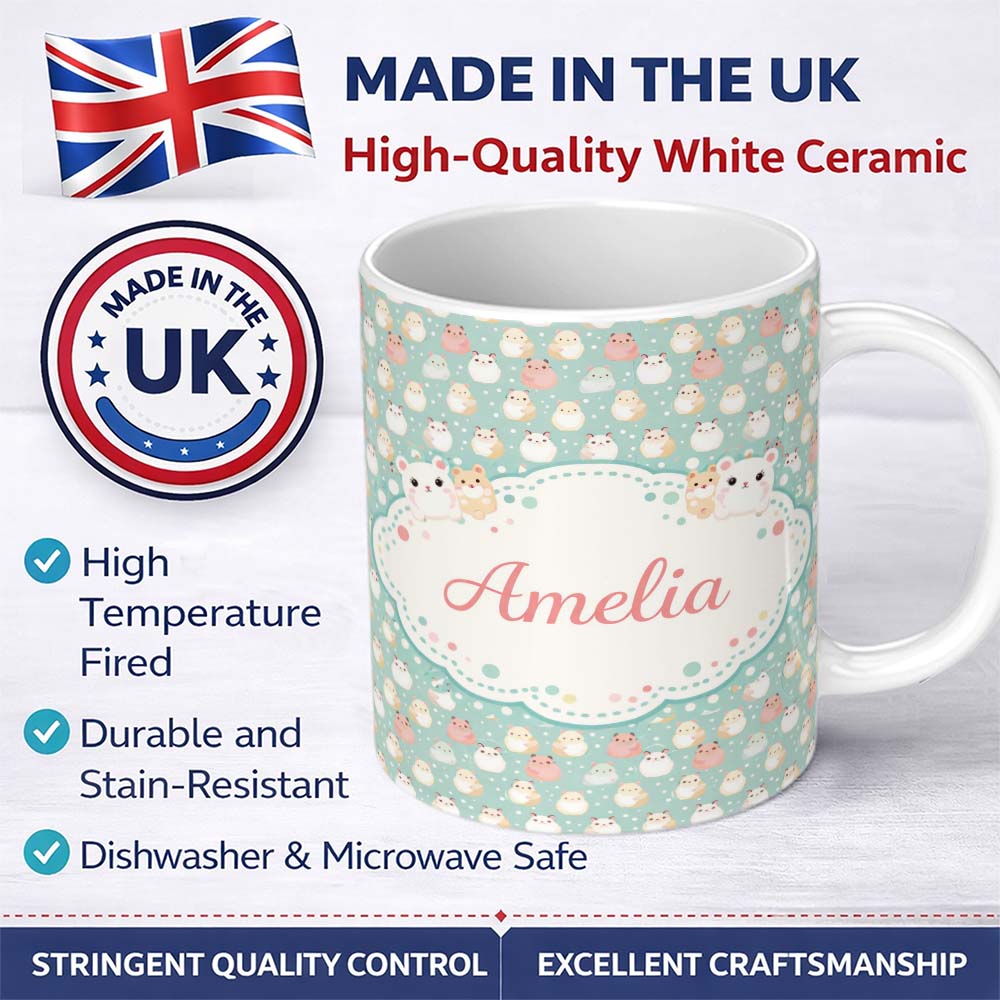 Personalized Custom Name Pastel Cute Hamster Soft Polka Dot Seamless Pattern Cute Unique Gift 11oz Ceramic Coffee Tea Mug White Large Handle