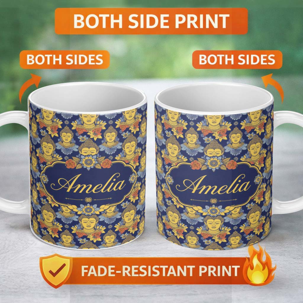 Personalized Custom Name Golden Buddha Faces with Floral Elements Seamless Pattern Lovely 11oz Ceramic Coffee Tea Mug White Large Handle