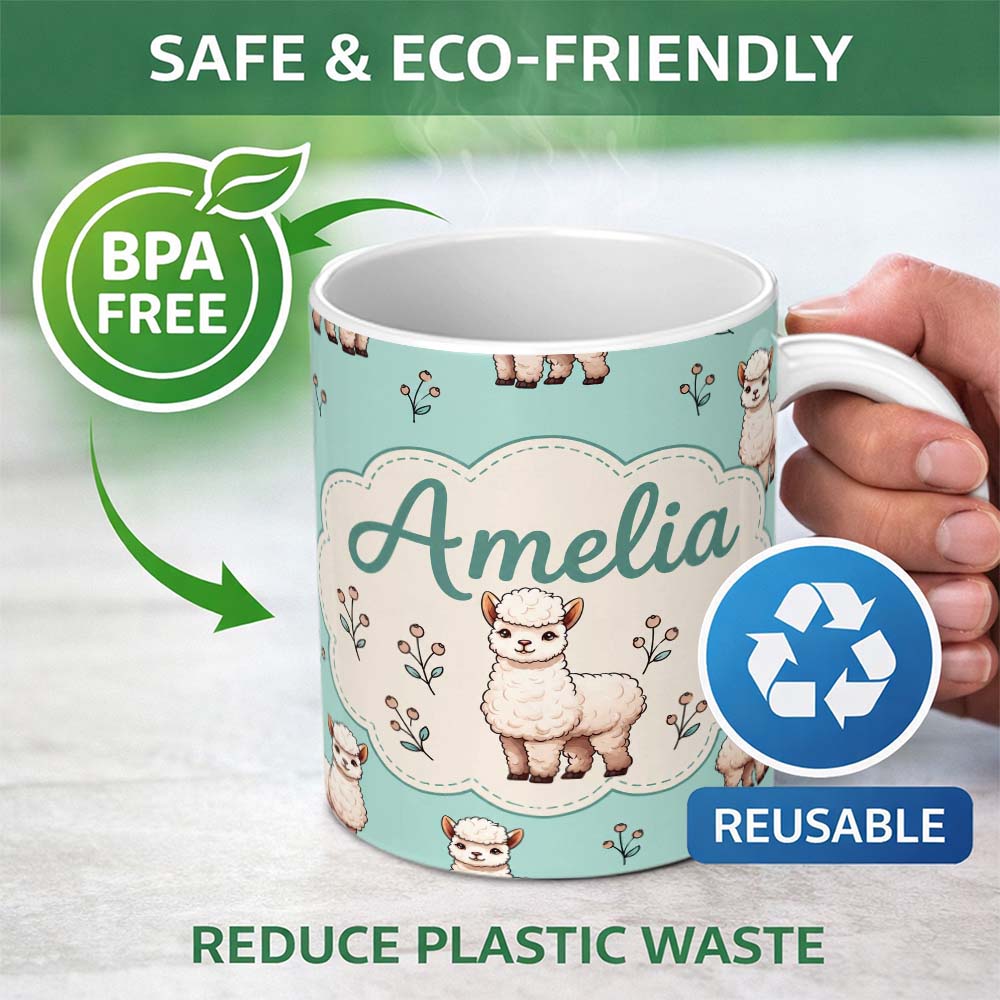 Personalized Custom Name Cute Alpaca Llama Farm Animals Floral Seamless Pattern Mint Green 11oz Ceramic Coffee Tea Mug White Large Handle