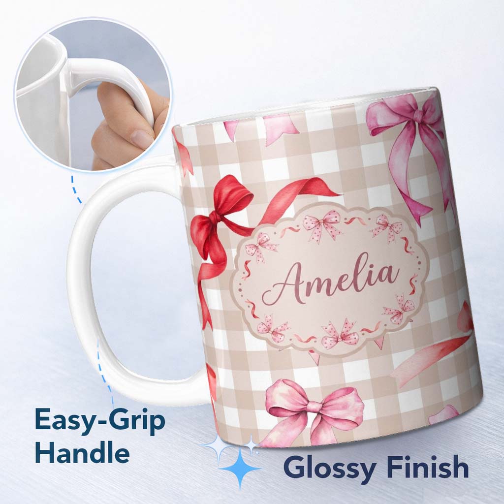 Personalized Custom Name Watercolor Ribbon Bow Seamless Pattern on Taupe Gingham Background 11oz Ceramic Coffee Tea Mug White Large Handle