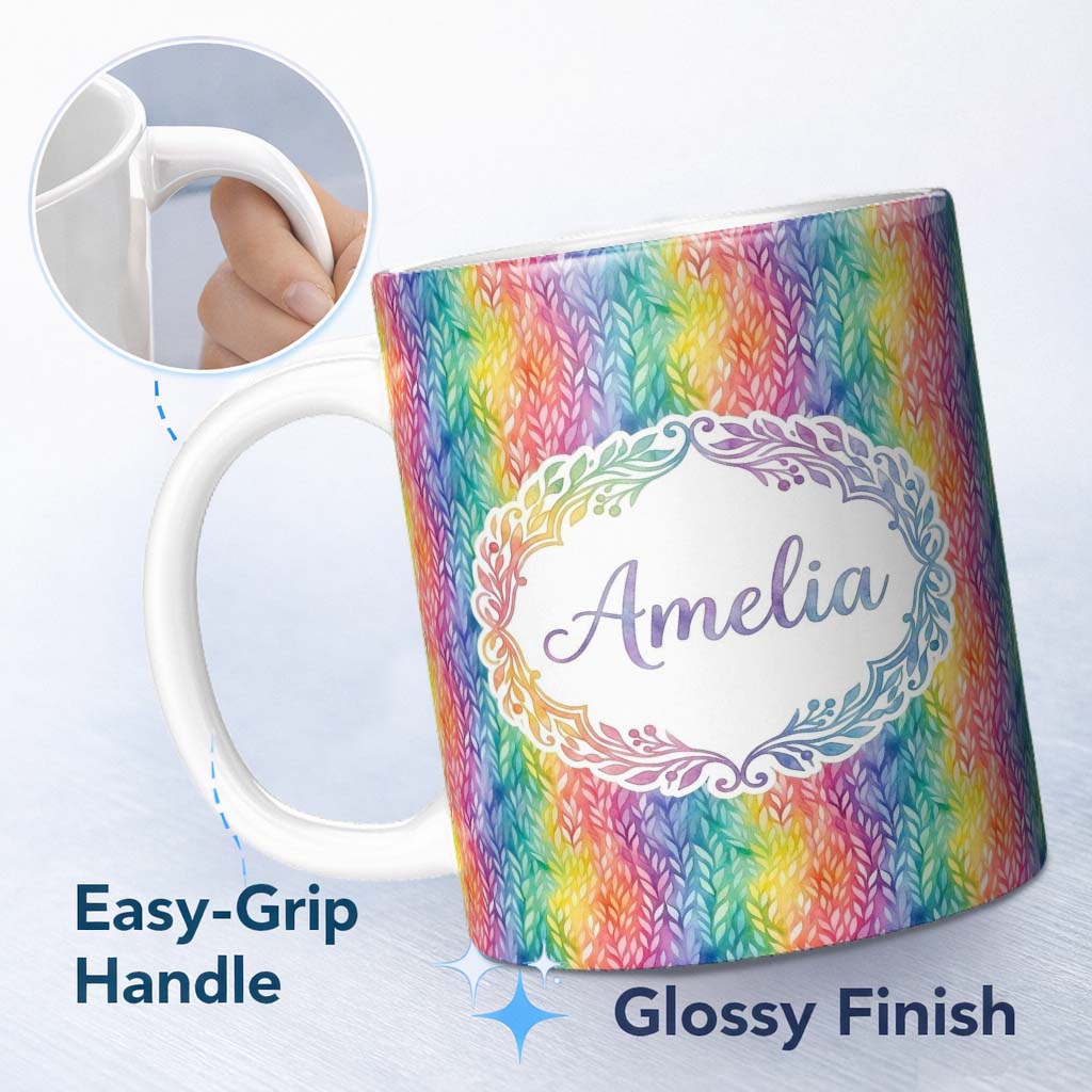 Personalized Custom Name Watercolor Leaf Stripe Rainbow Pattern Seamless Botanical Design 11oz Ceramic Coffee Tea Mug White Large Handle
