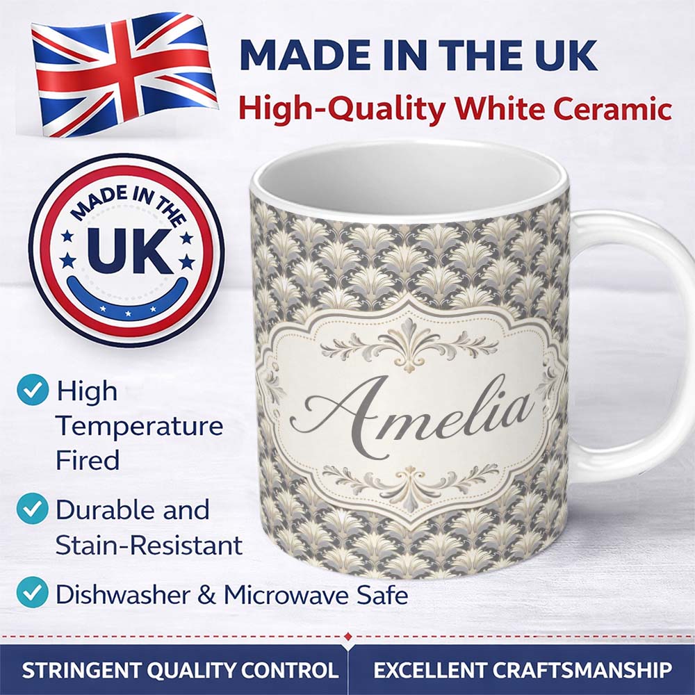 Personalized Custom Name Elegant Neutral Damask Leaf in Soft Grey and Cream Classic Design 11oz Ceramic Coffee Tea Mug White Large Handle