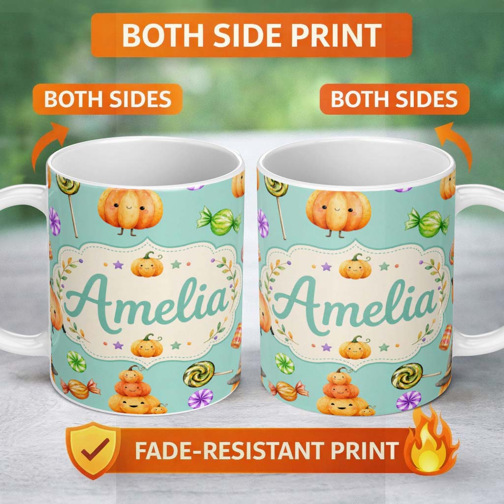 Personalized Custom Name Cute Halloween Pumpkin Candy Characters Mint Background Seamless 11oz Ceramic Coffee Tea Mug White Large Handle