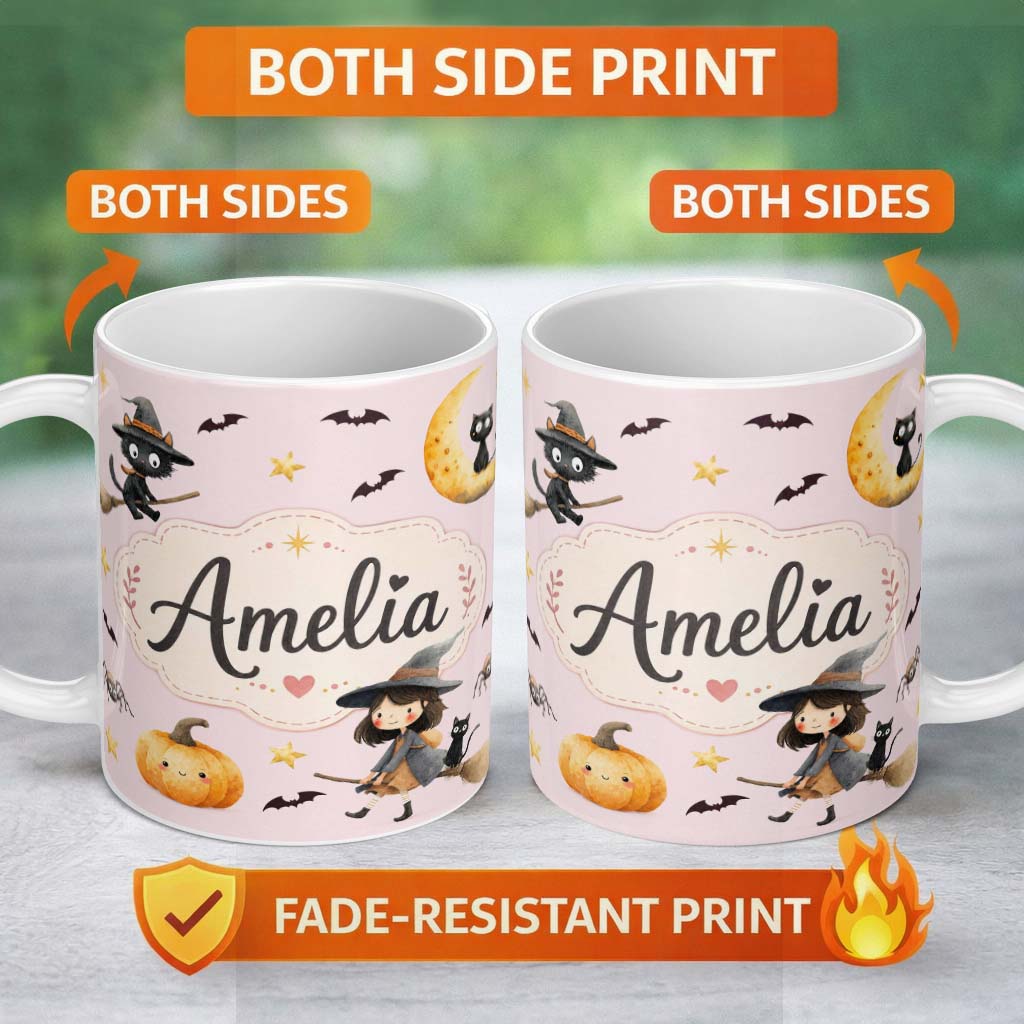 Personalized Custom Name Halloween Witch Cat Moon Stars Spooky Night Pink Seamless Pattern 11oz Ceramic Coffee Tea Mug White Large Handle