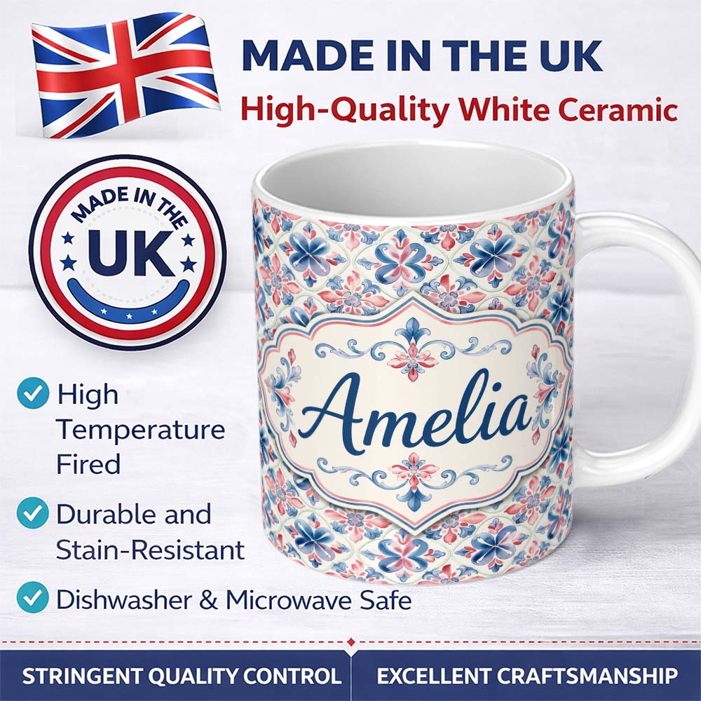 Personalized Custom Name Red and Blue Classic Floral Tile Pattern with Soft Vintage Symmetry 11oz Ceramic Coffee Tea Mug White Large Handle