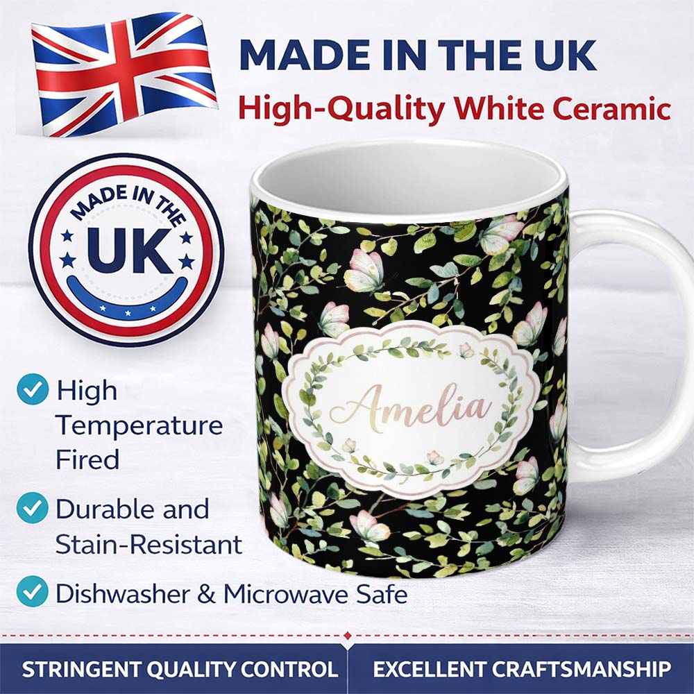 Personalized Custom Name Elegant Gold Butterfly Sparkle Seamless Pattern Thoughtful Gift Idea 11oz Ceramic Coffee Tea Mug White Large Handle