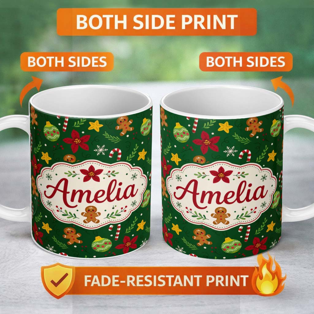 Personalized Custom Name Cute Gingerbread Poinsettia Ornament Candy Cane Seamless Pattern 11oz Ceramic Coffee Tea Mug White Large Handle