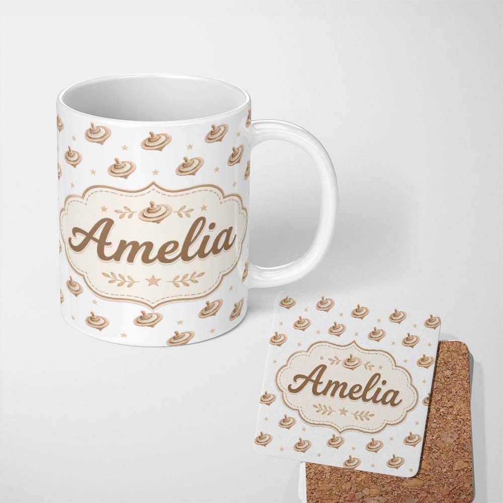 Personalized Custom Name Vintage Spinning Top Toy Seamless Pattern on Soft Neutral Background 11oz Ceramic Coffee Tea Mug White Large Handle