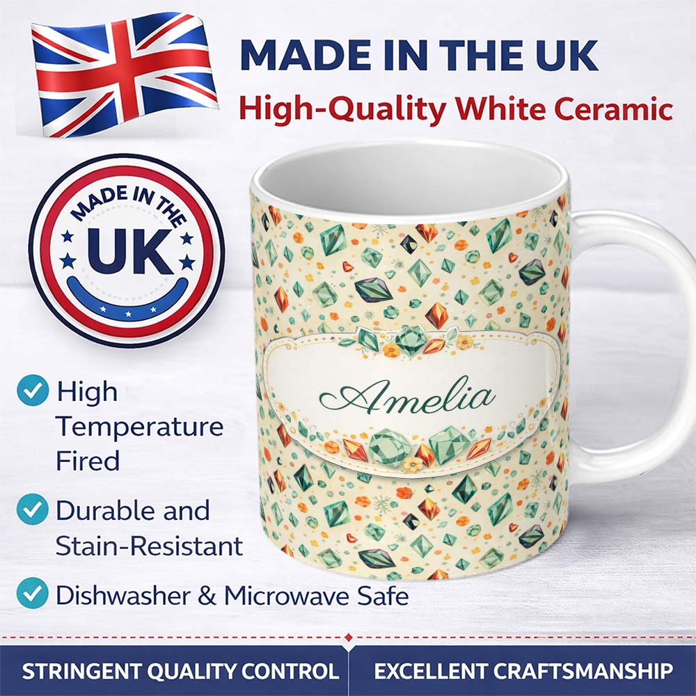 Personalized Custom Name Decorative Crystal Floral Seamless Pattern Pastel Gemstone Botanical 11oz Ceramic Coffee Tea Mug White Large Handle
