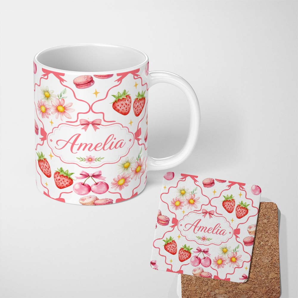Personalized Custom Name Strawberry Cherry Daisy Floral Bow Sweet Dessert Coral Red Outline 11oz Ceramic Coffee Tea Mug White Large Handle