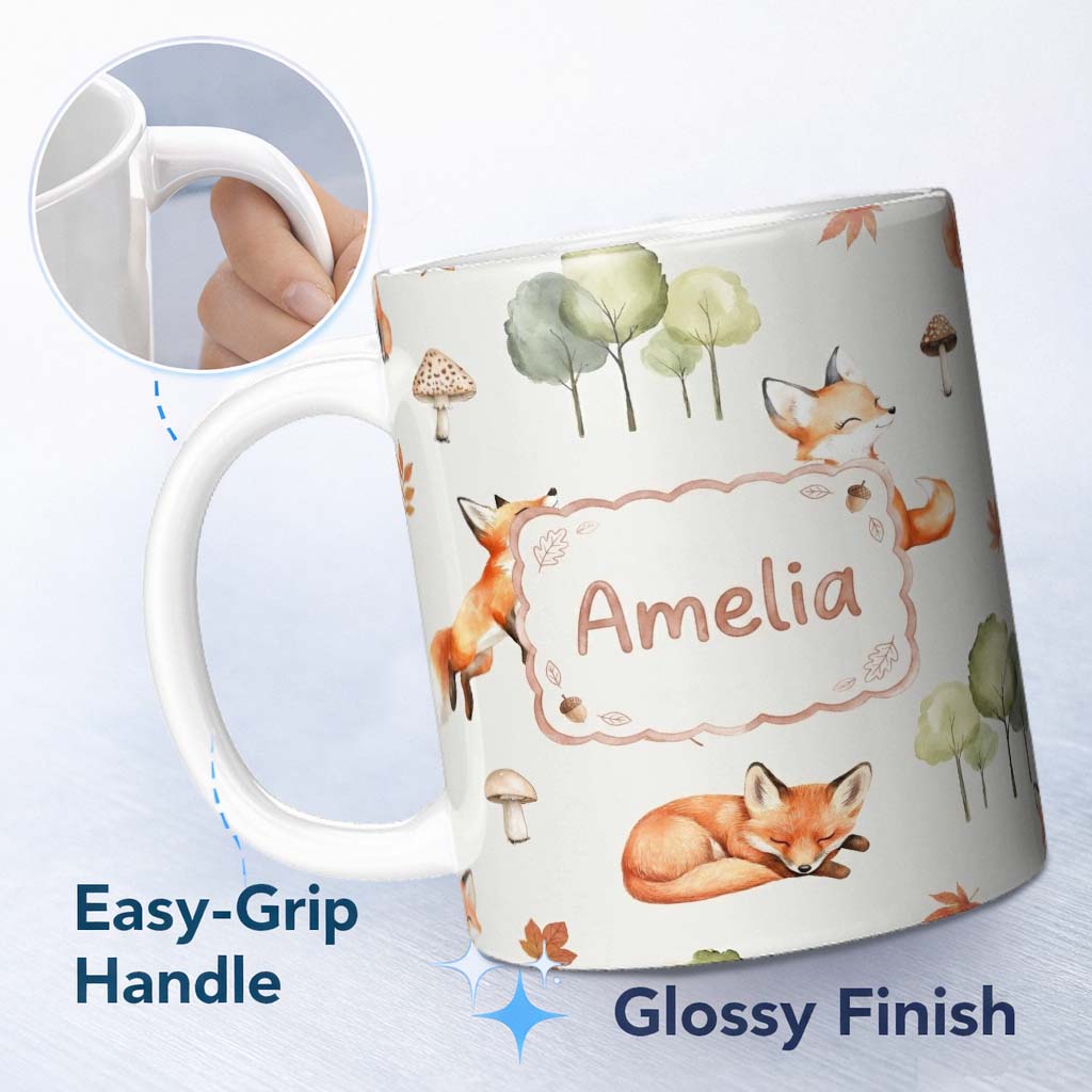 Personalized Custom Name Woodland Fox with Trees Leaves Mushrooms Soft Grey Seamless Pattern 11oz Ceramic Coffee Tea Mug White Large Handle