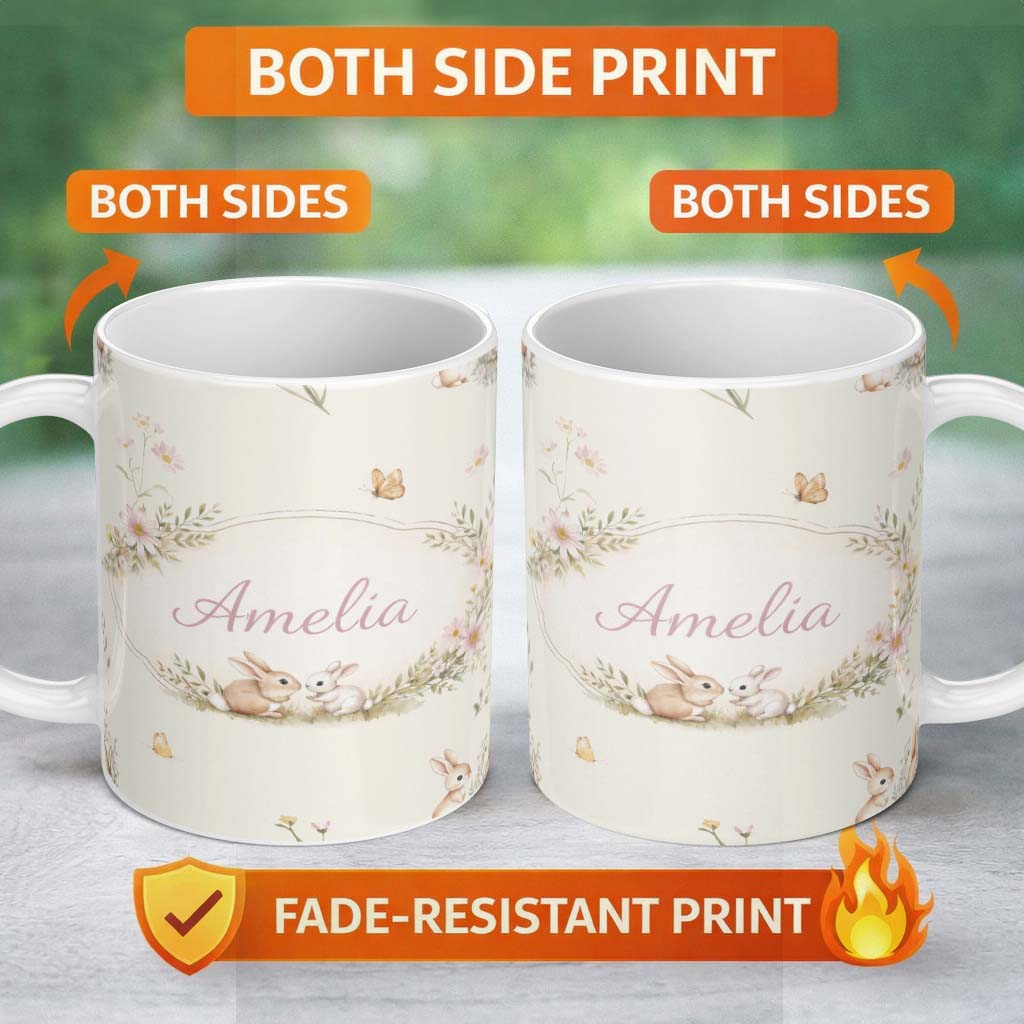 Personalized Custom Name Watercolor Bunny Floral Meadow Seamless Pattern on Soft Blue Lovely 11oz Ceramic Coffee Tea Mug White Large Handle