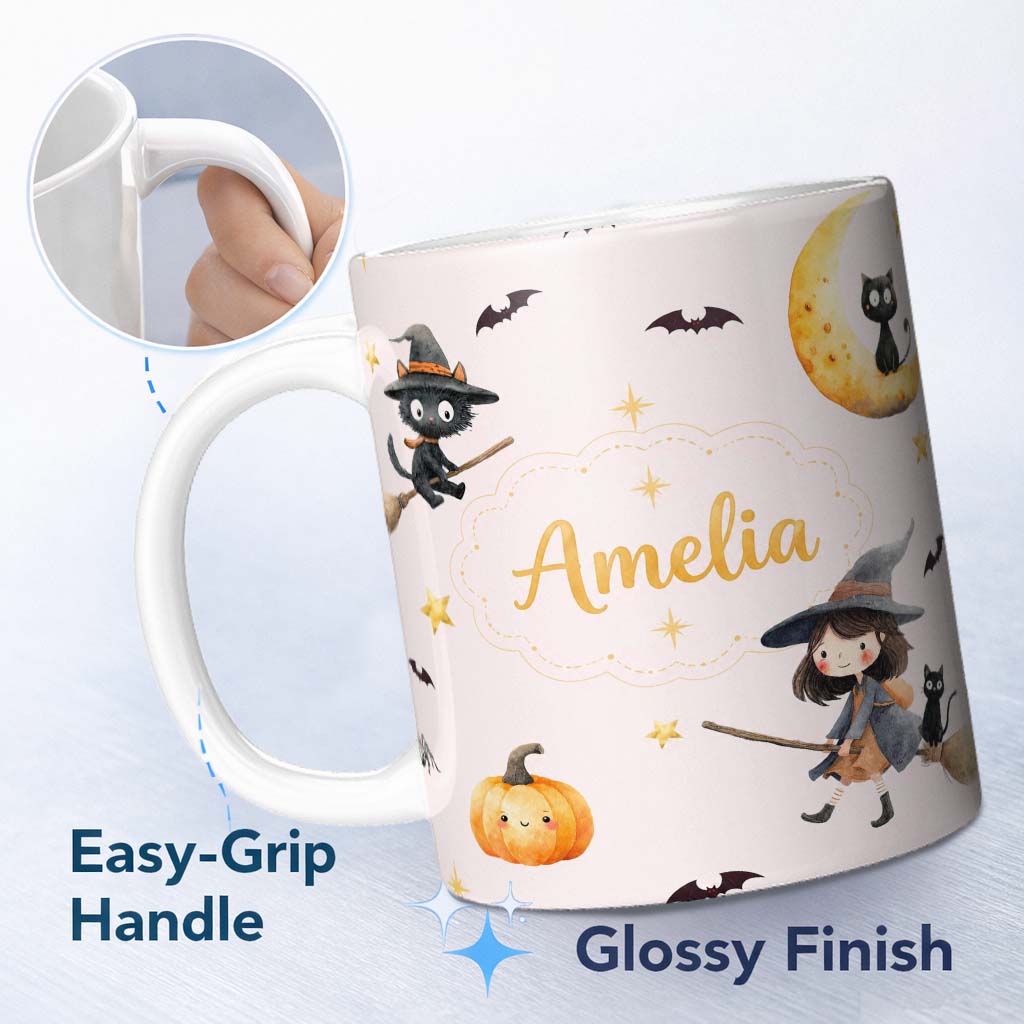 Personalized Custom Name Cute BlackCat in Witch Hat with Bats and Stars Pink Background 11oz Ceramic Coffee Tea Mug White Large Handle