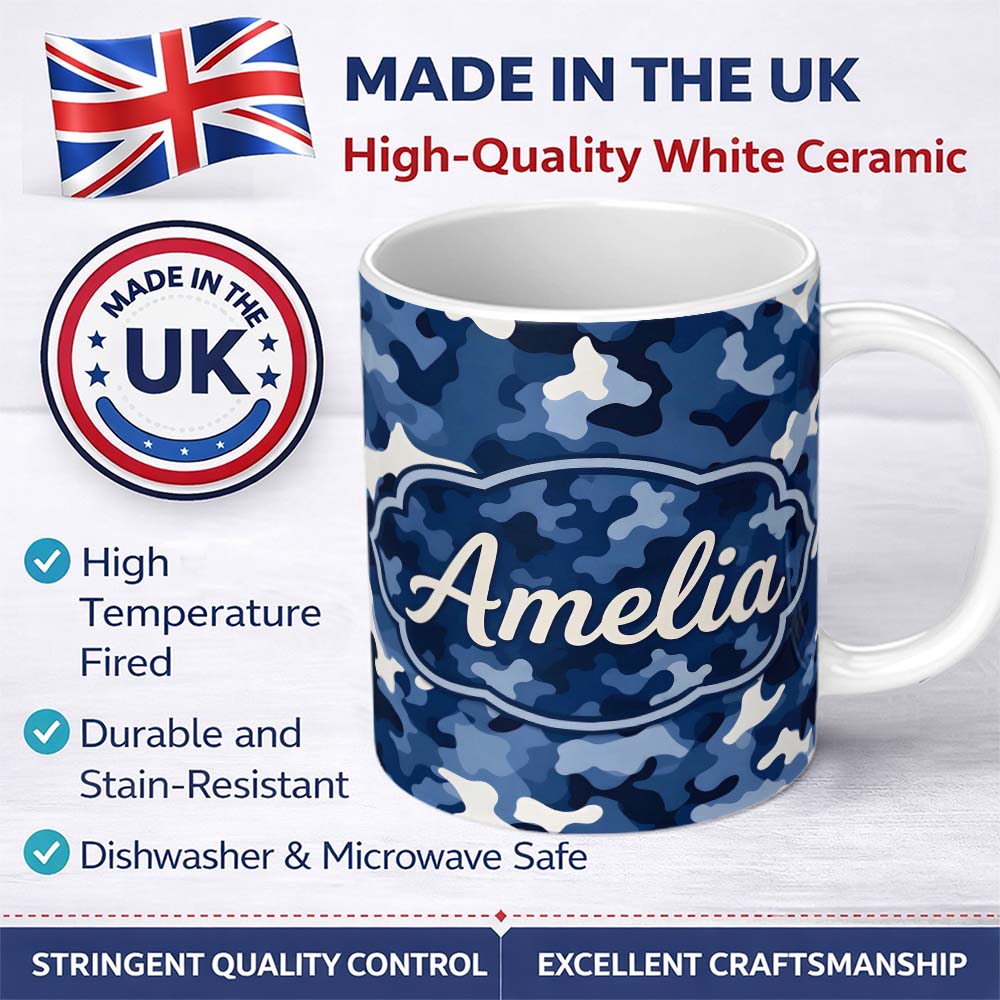 Personalized Custom Name Navy Blue Camouflage Layered Seamless Pattern Thoughtful Gift Idea 11oz Ceramic Coffee Tea Mug White Large Handle