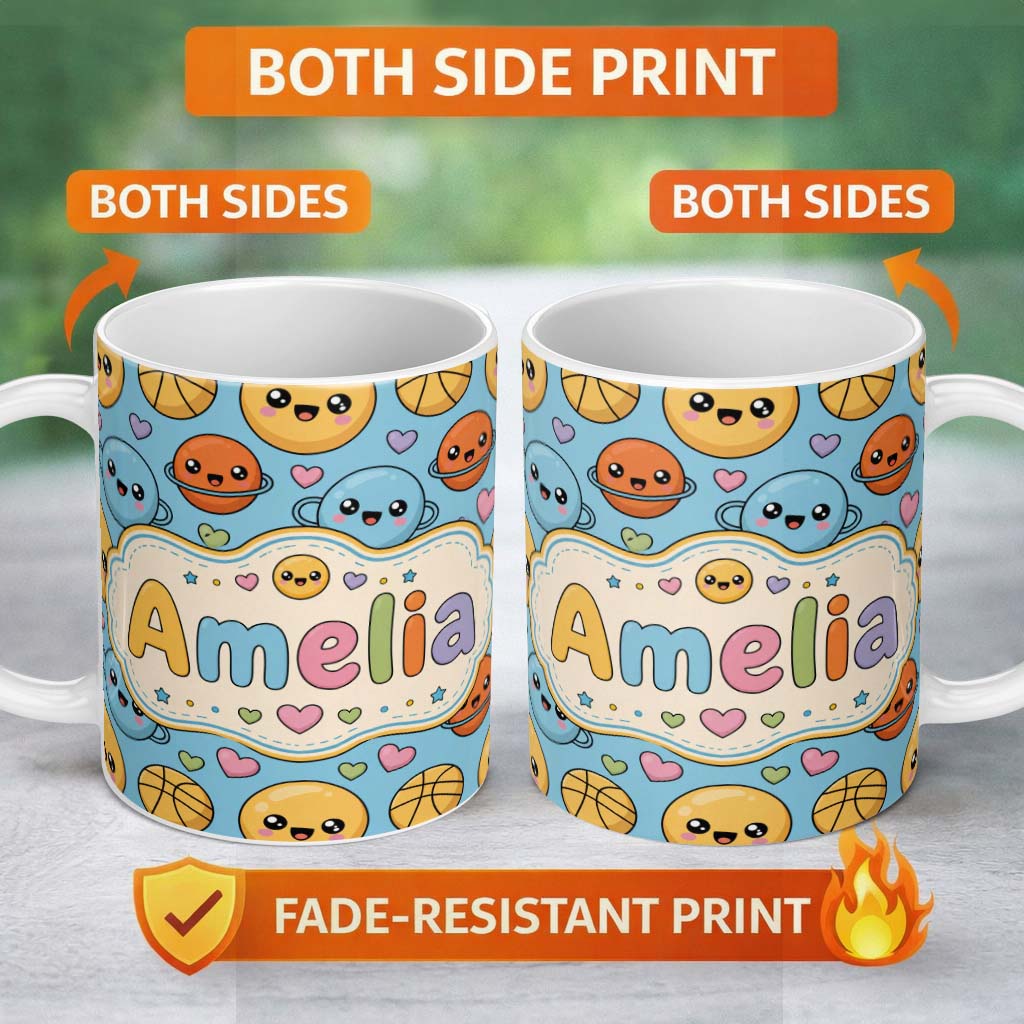 Personalized Custom Name Cute Kawaii Planets Basketball Pattern Fun Sports Seamless Pattern 11oz Ceramic Coffee Tea Mug White Large Handle