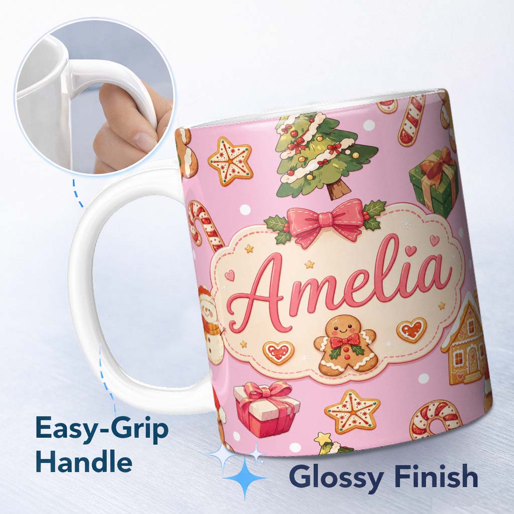 Personalized Custom Name Cute Gingerbread Man Christmas Tree Candy Cane Holiday Pattern Pink 11oz Ceramic Coffee Tea Mug White Large Handle